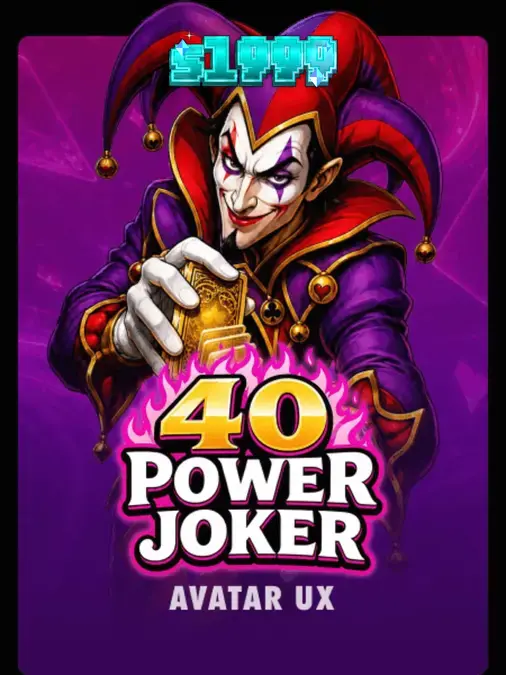 Tampilan visual slot 40 Power Joker dengan simbol buah neon dan latar belakang ungu.